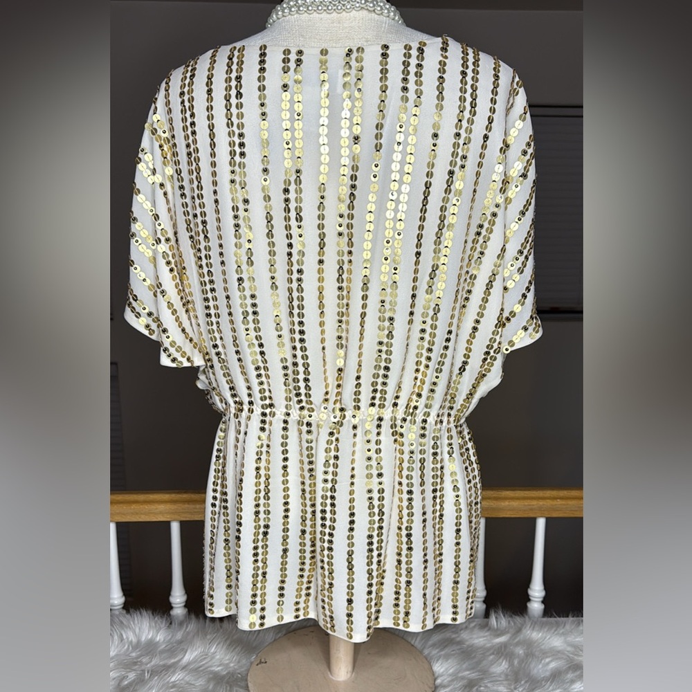 Soft Surroundings Creme Silk Gold Sequin Striped Blouse Size Large EUC Tie Front - Picture 5 of 7